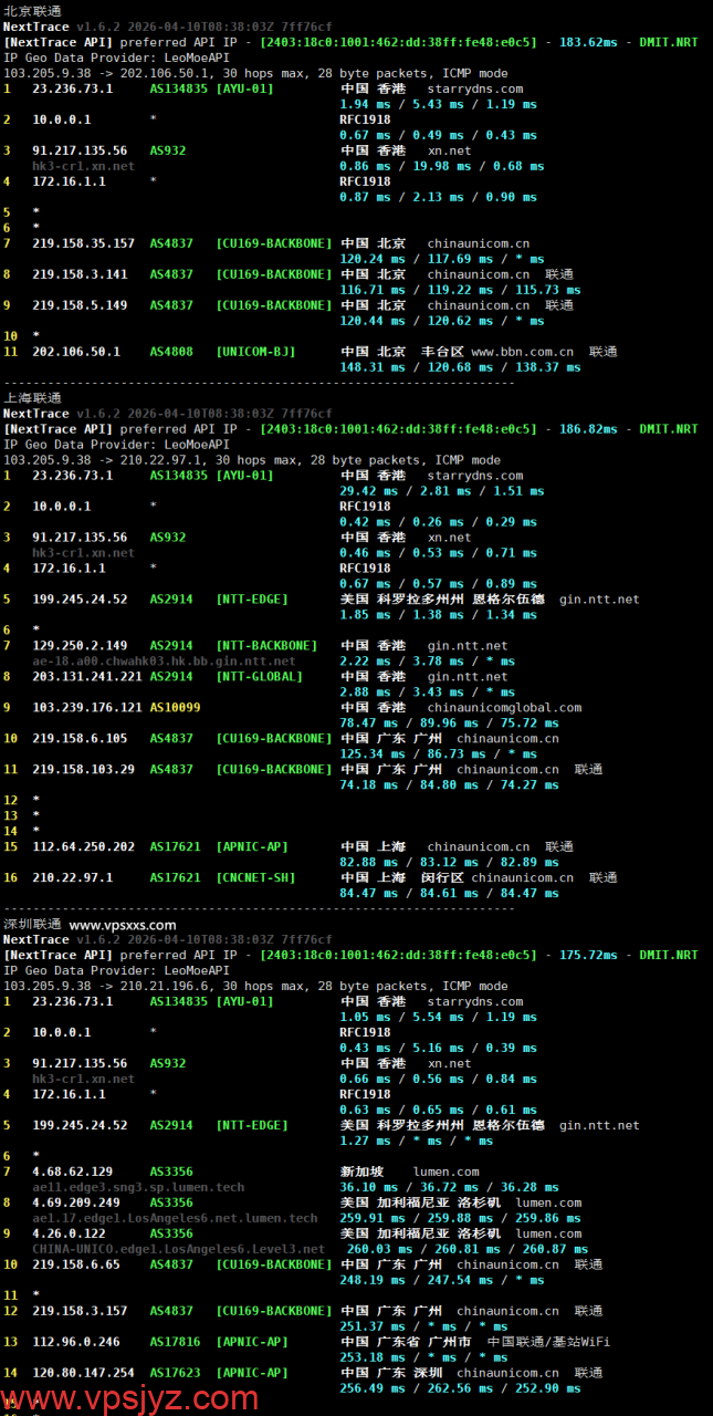 StarryDNS香港VPS联通回程路由
