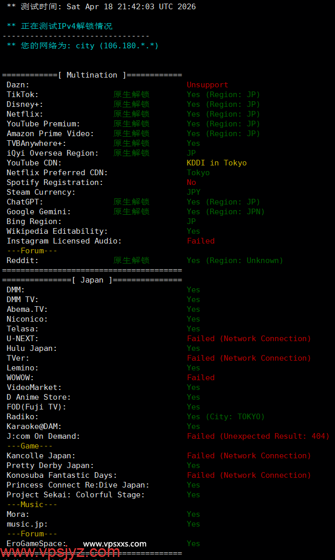 Tokyonline日本KDDI VPS流媒体解锁能力测试