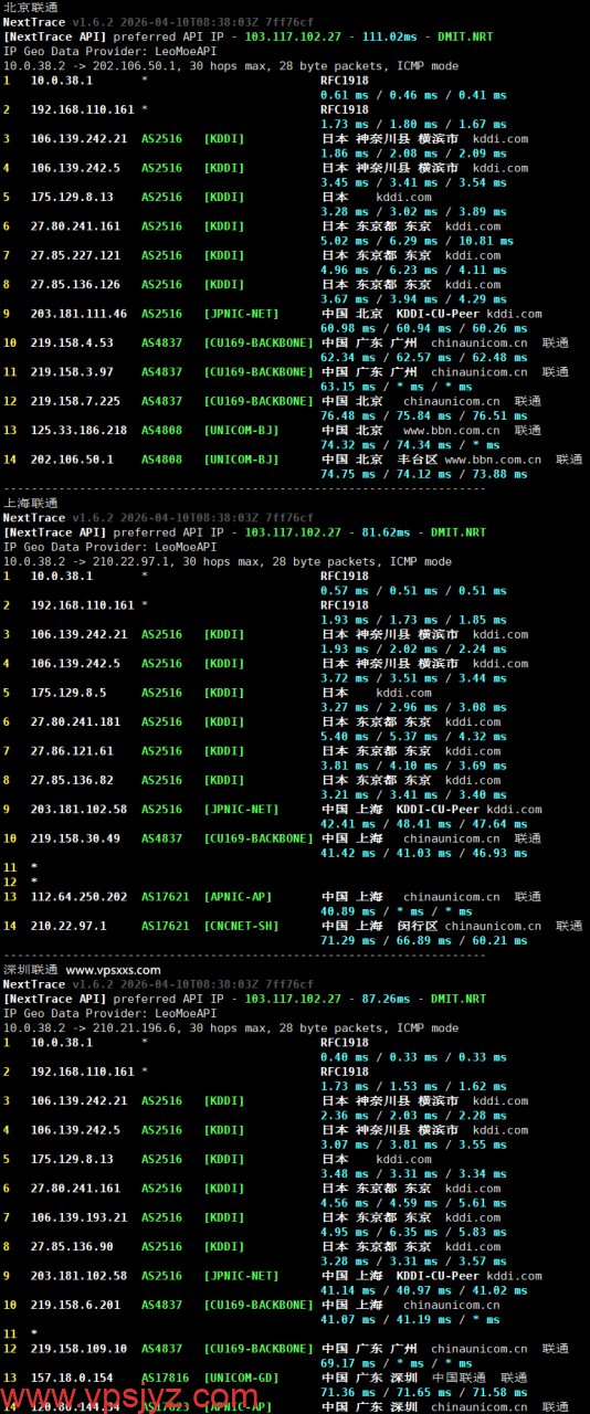 Tokyonline日本KDDI VPS联通回程路由