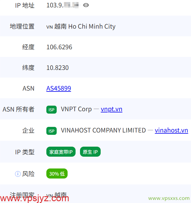 VinaHost越南VPS pingip.cn是否住宅IP检测