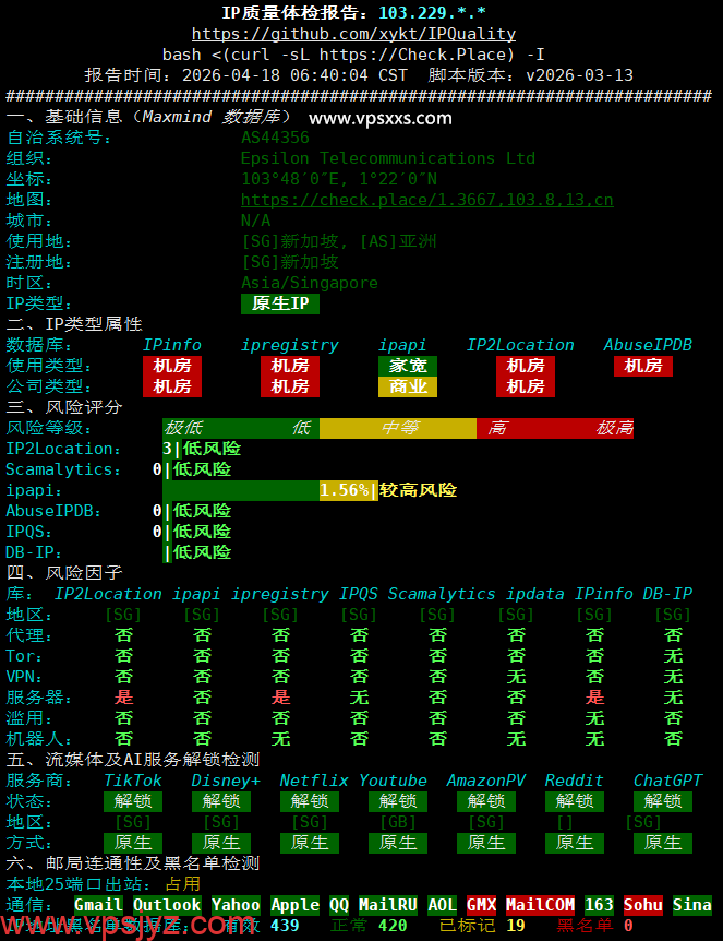 WePC新加坡家宽TK直播VPS IP质量体检报告