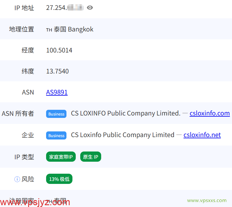 WePC泰国TikTok专用VPS pingip.cn是否住宅IP检测