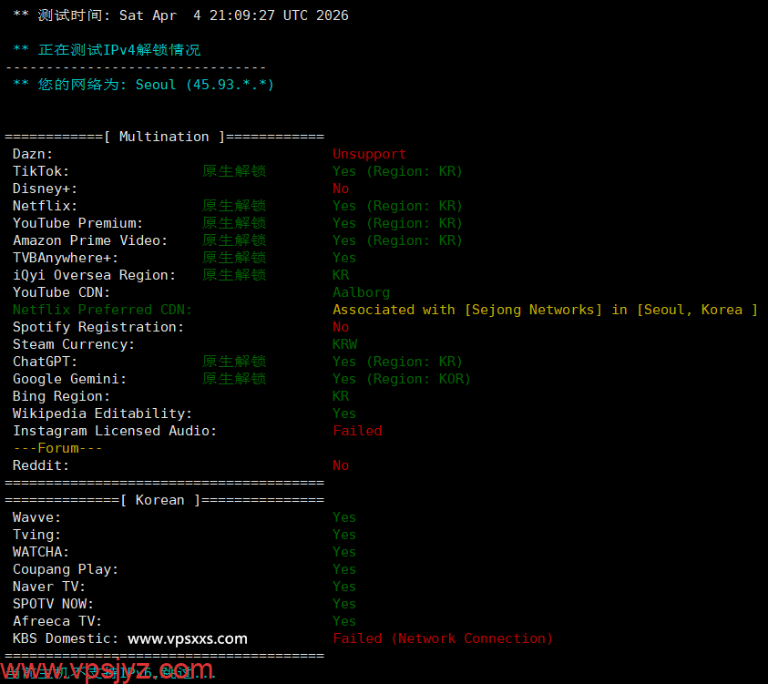vmiss韩国首尔三网优化VPS流媒体解锁能力测试