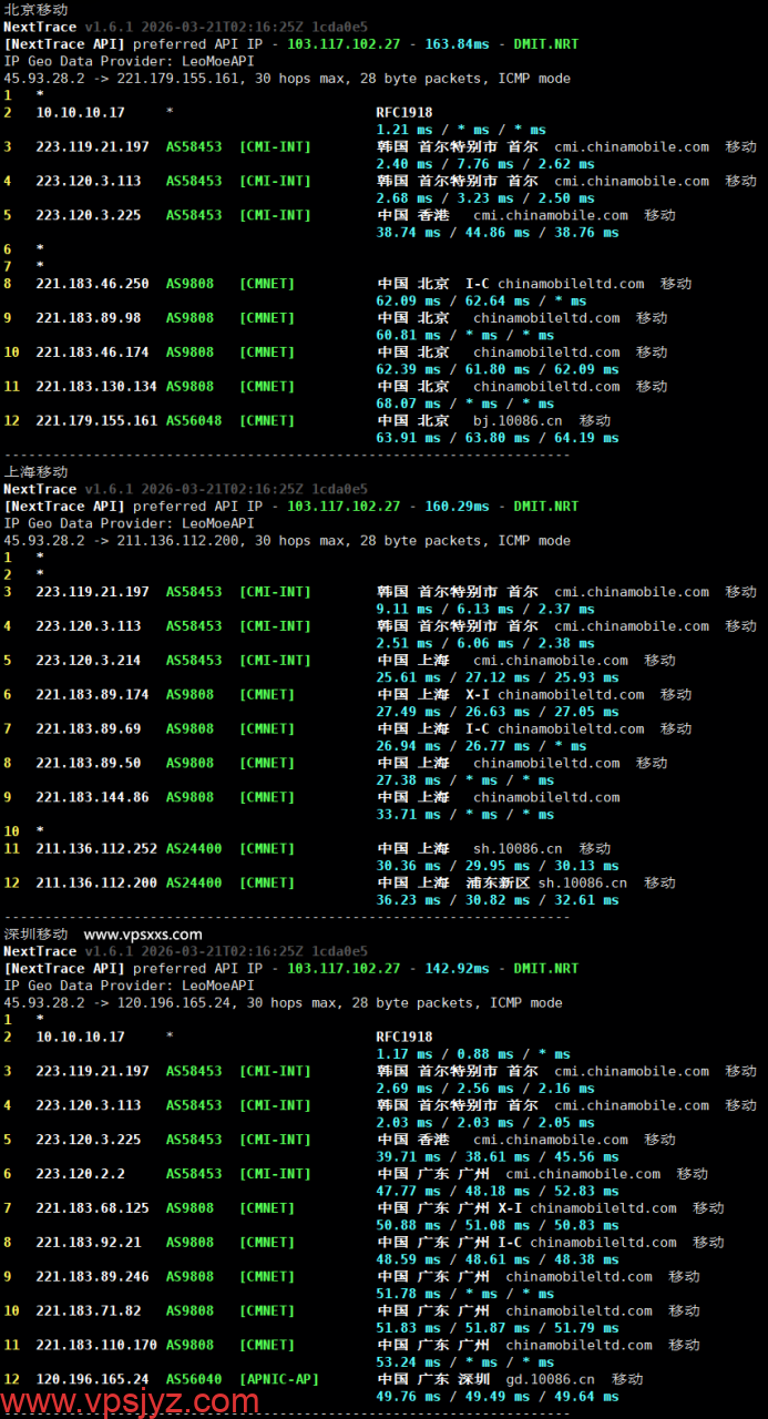 vmiss韩国首尔三网优化VPS移动回程路由