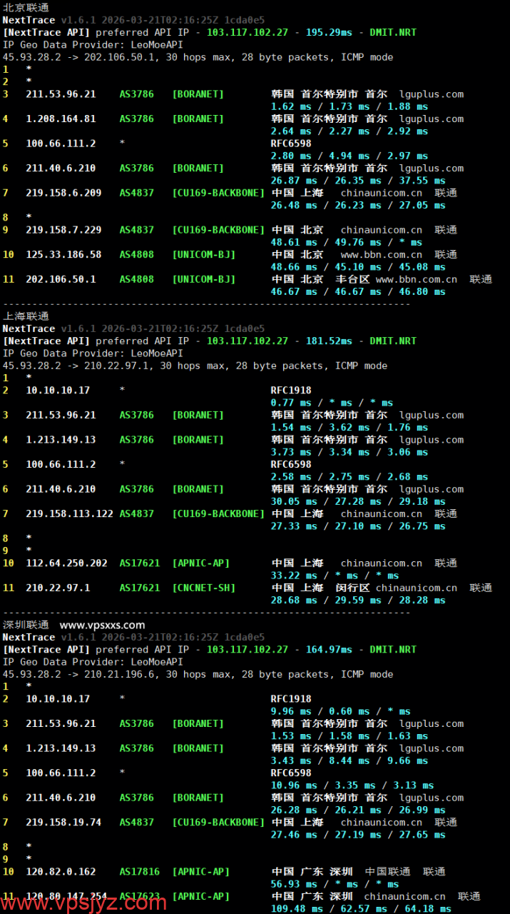 vmiss韩国首尔三网优化VPS联通回程路由