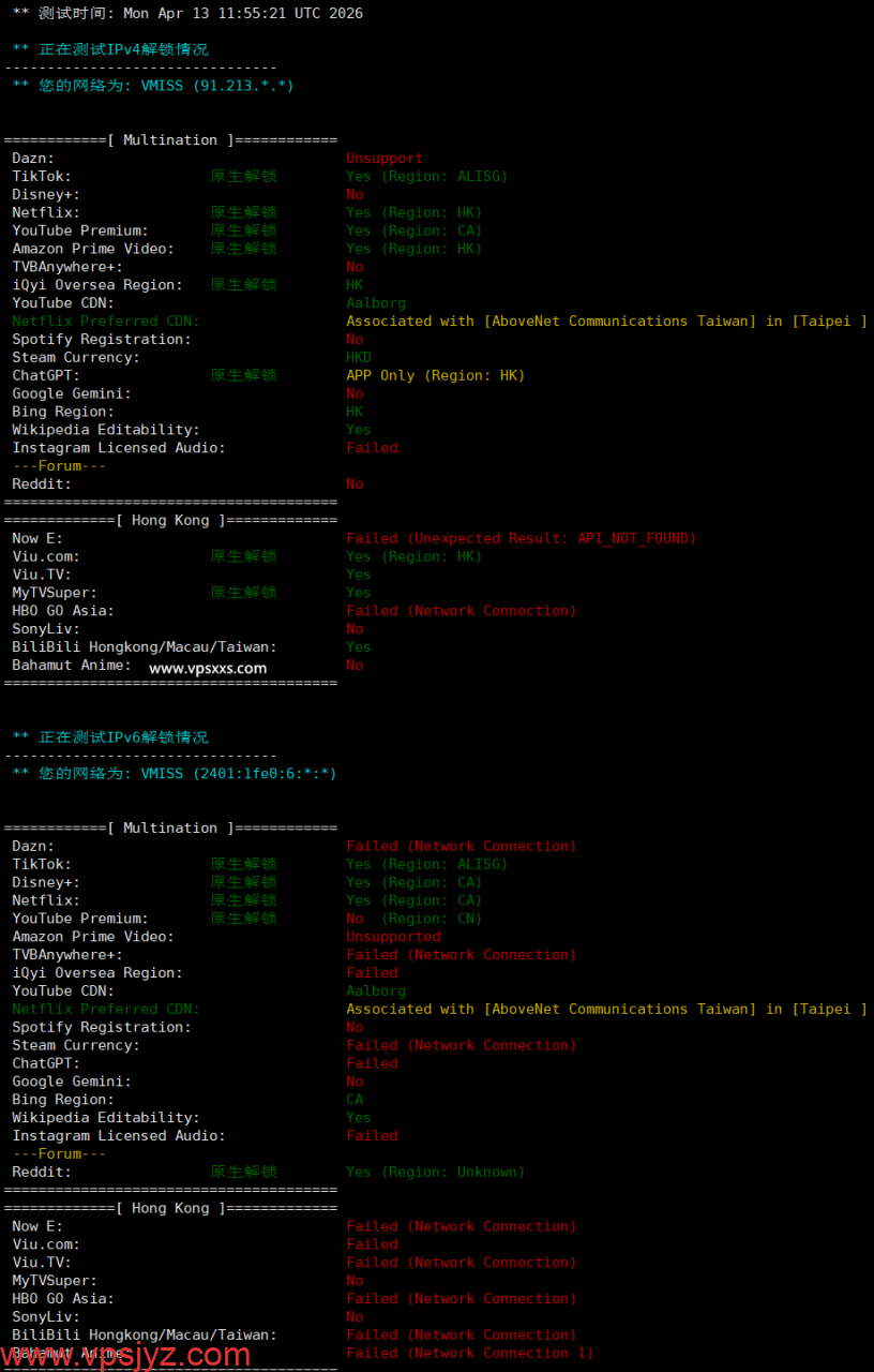 vmiss香港国际线路VPS流媒体解锁能力测试