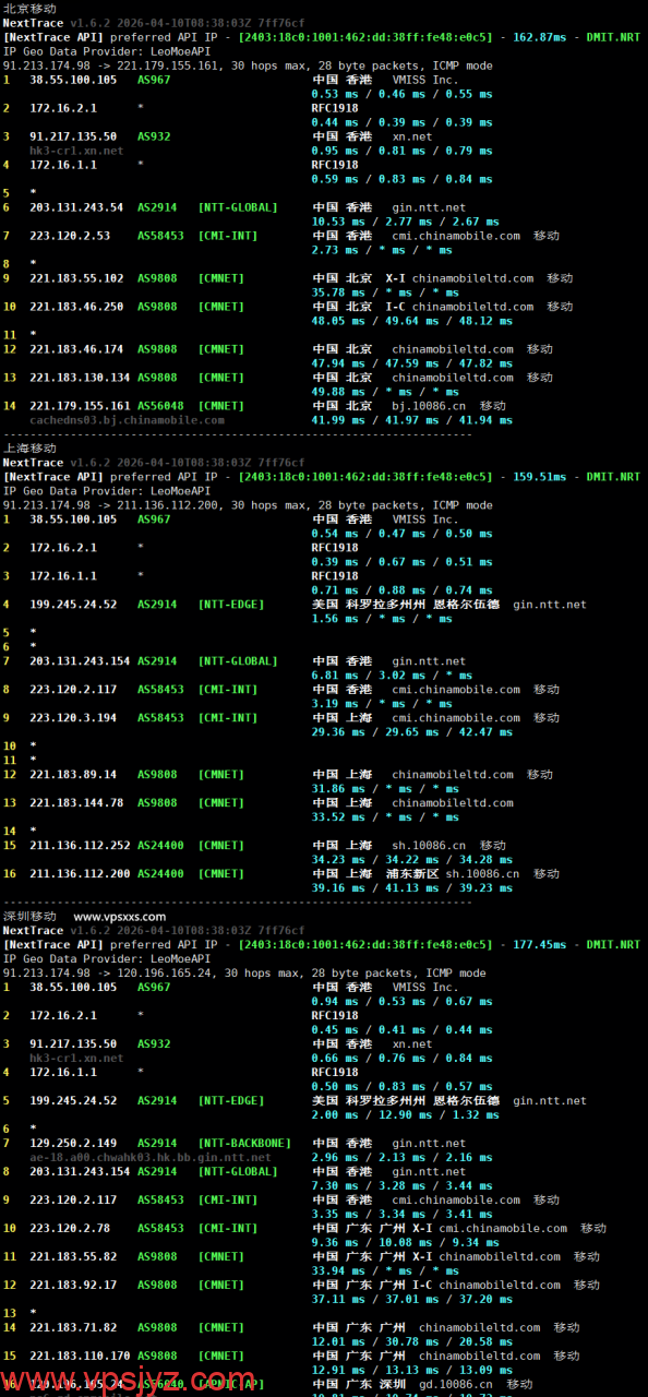 vmiss香港国际线路VPS移动回程路由