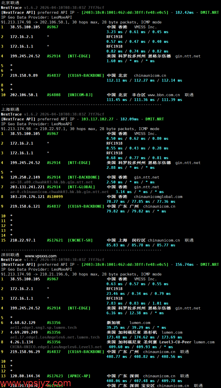vmiss香港国际线路VPS联通回程路由