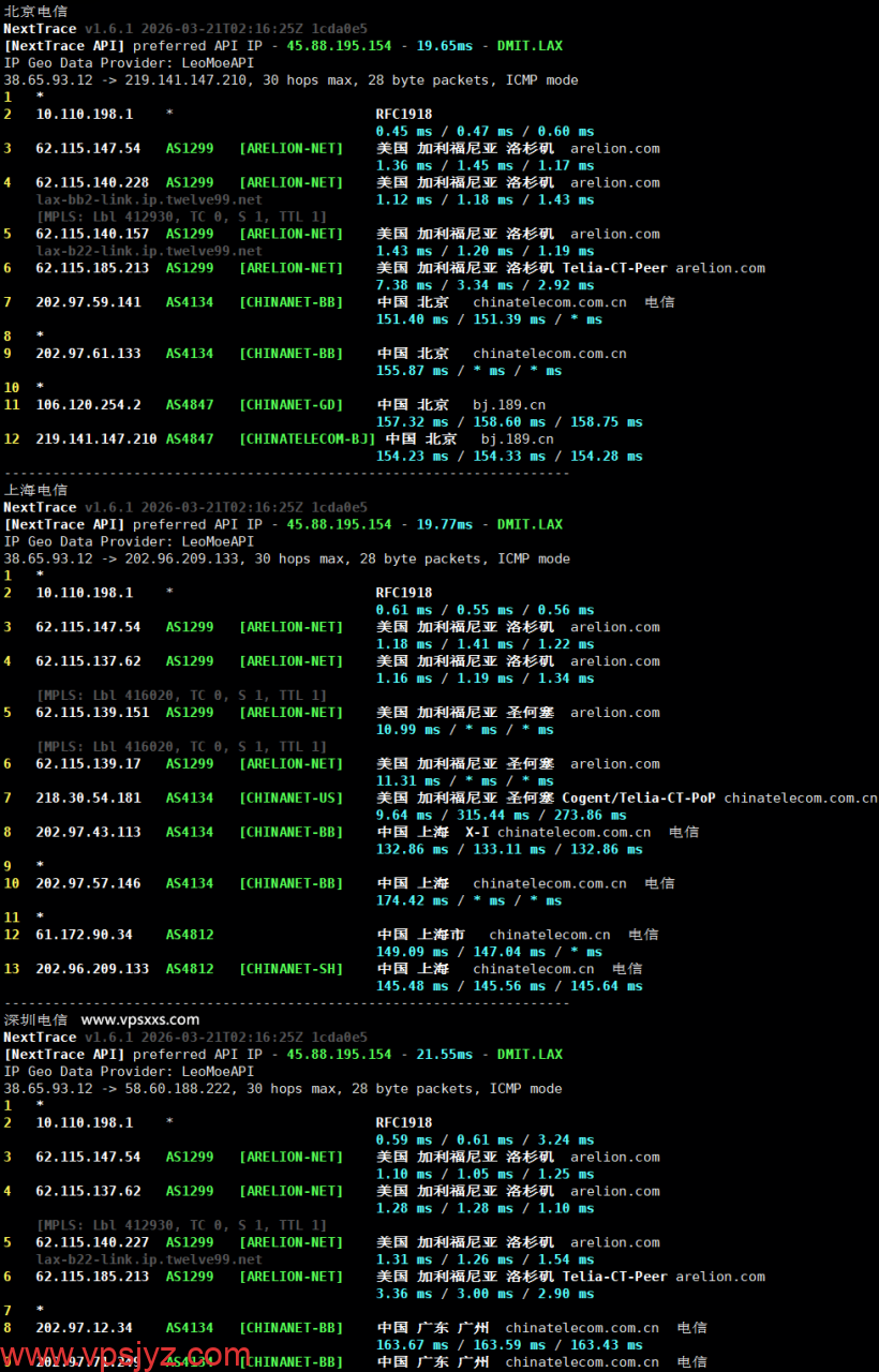 vmrack美国原生云服务器电信回程路由
