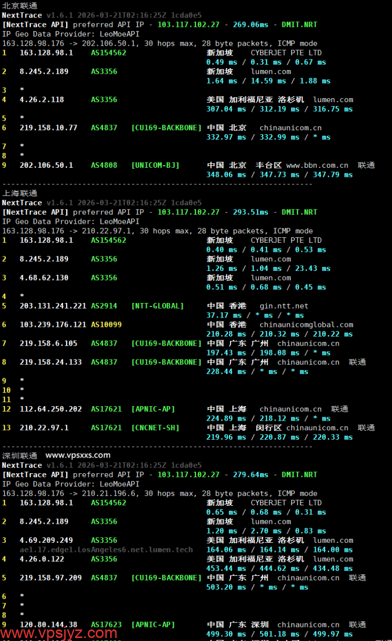 丽萨主机新加坡VPS联通回程路由