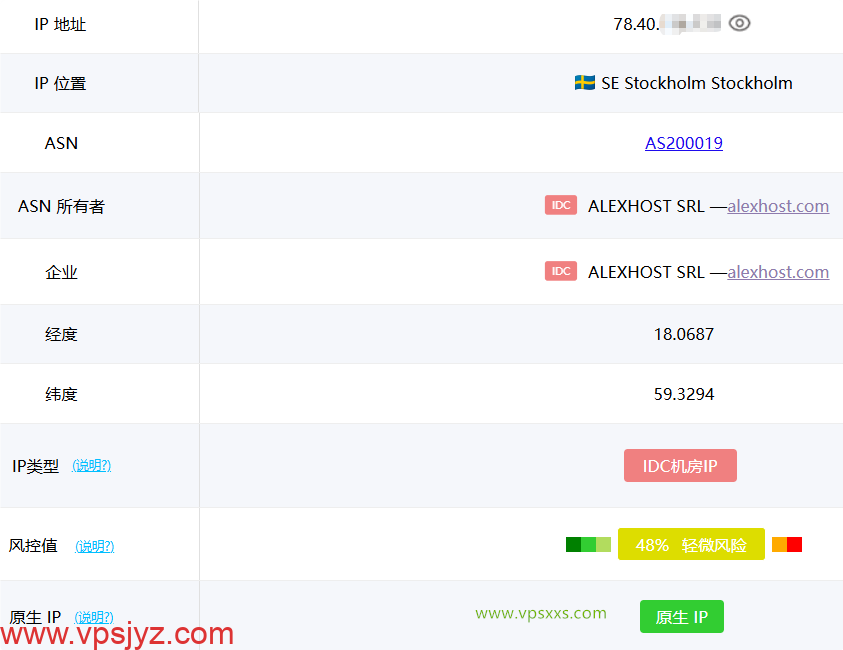 AlexHost瑞典VPS ping0是否家庭IP检测