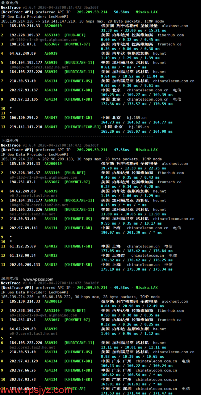 AlexHost美国拉斯维加斯VPS电信回程路由