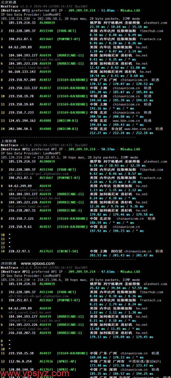 AlexHost美国拉斯维加斯VPS联通回程路由
