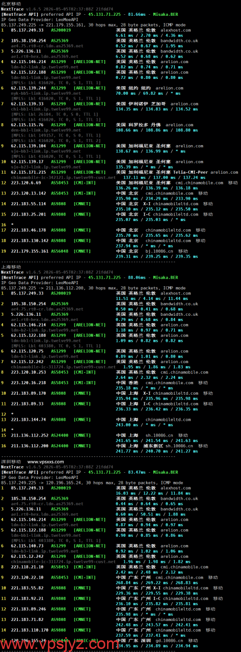 AlexHost英国VPS移动回程路由