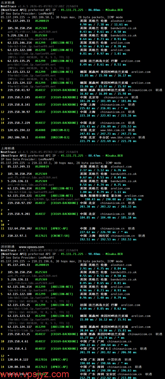 AlexHost英国VPS联通回程路由