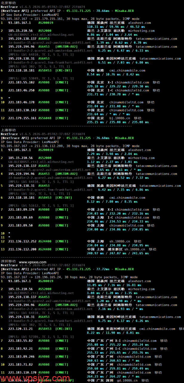 AlexHost荷兰VPS移动回程路由