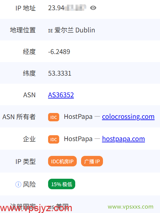 ColoCrossing爱尔兰VPS是否住宅IP检测