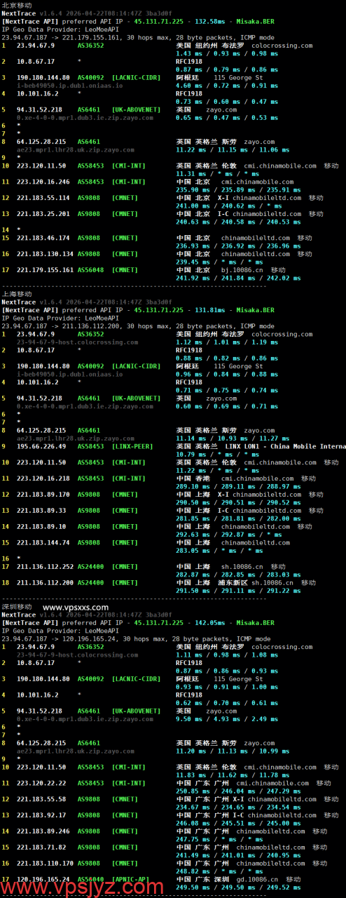 ColoCrossing爱尔兰VPS移动回程路由