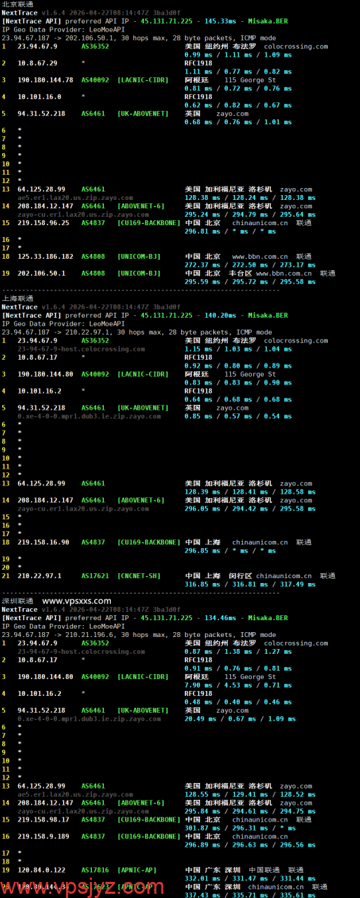 ColoCrossing爱尔兰VPS联通回程路由