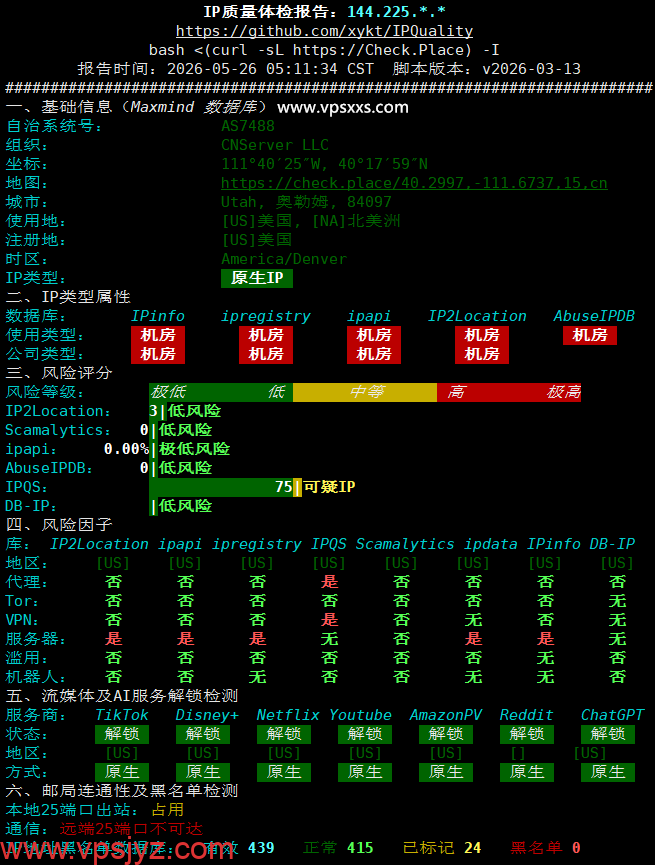 DediOne美国洛杉矶优化VPS IP质量体检报告