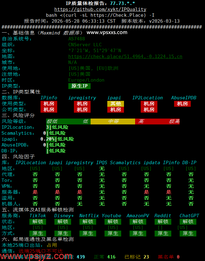 DediOne美国洛杉矶国际线路VPS IP质量体检报告