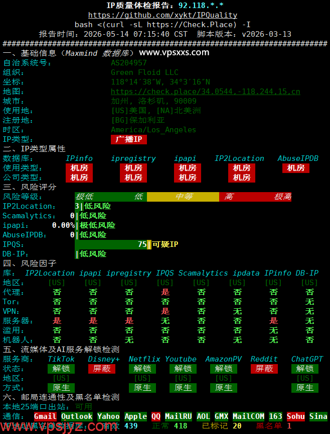 Friendhosting美国洛杉矶VPS IP质量体检报告