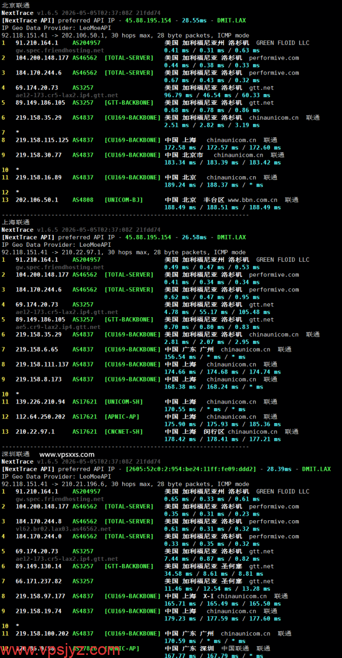Friendhosting美国洛杉矶VPS联通回程路由