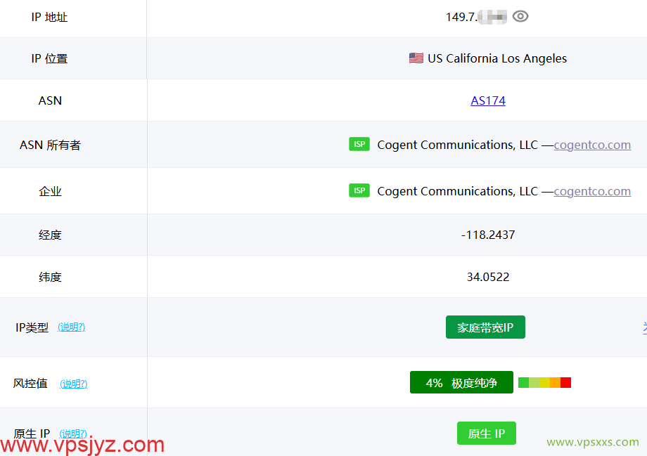 NovixLink美国Cogent VPS ping0是否家庭IP检测