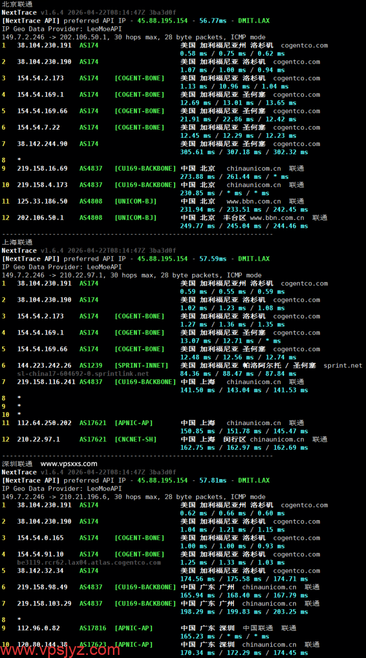 NovixLink美国Cogent VPS联通回程路由