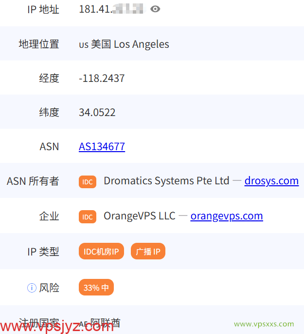 OrangeVPS美国洛杉矶VPS是否住宅IP检测