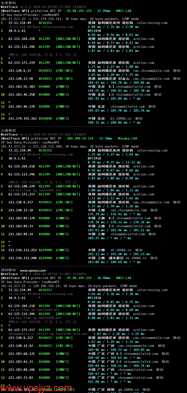 OrangeVPS美国洛杉矶VPS移动回程路由