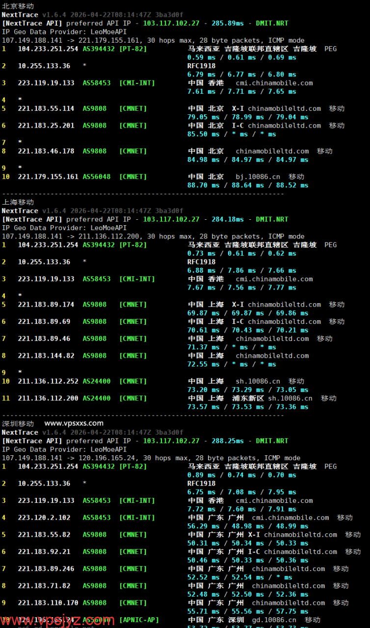 RAKsmart新加坡大陆优化VPS移动回程路由