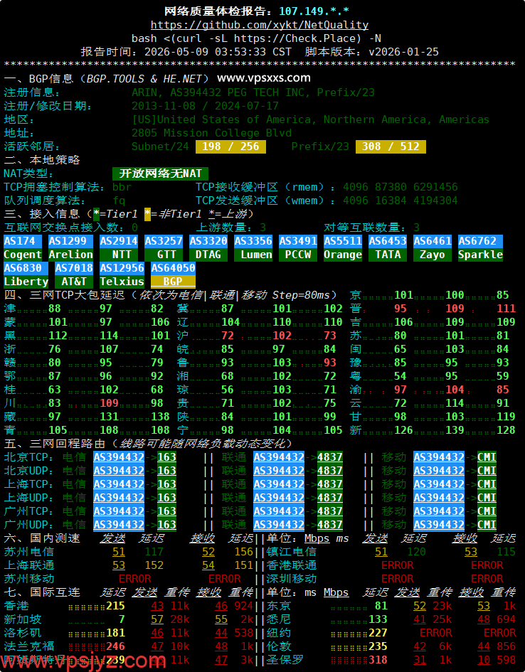 RAKsmart新加坡大陆优化VPS网络质量体检报告