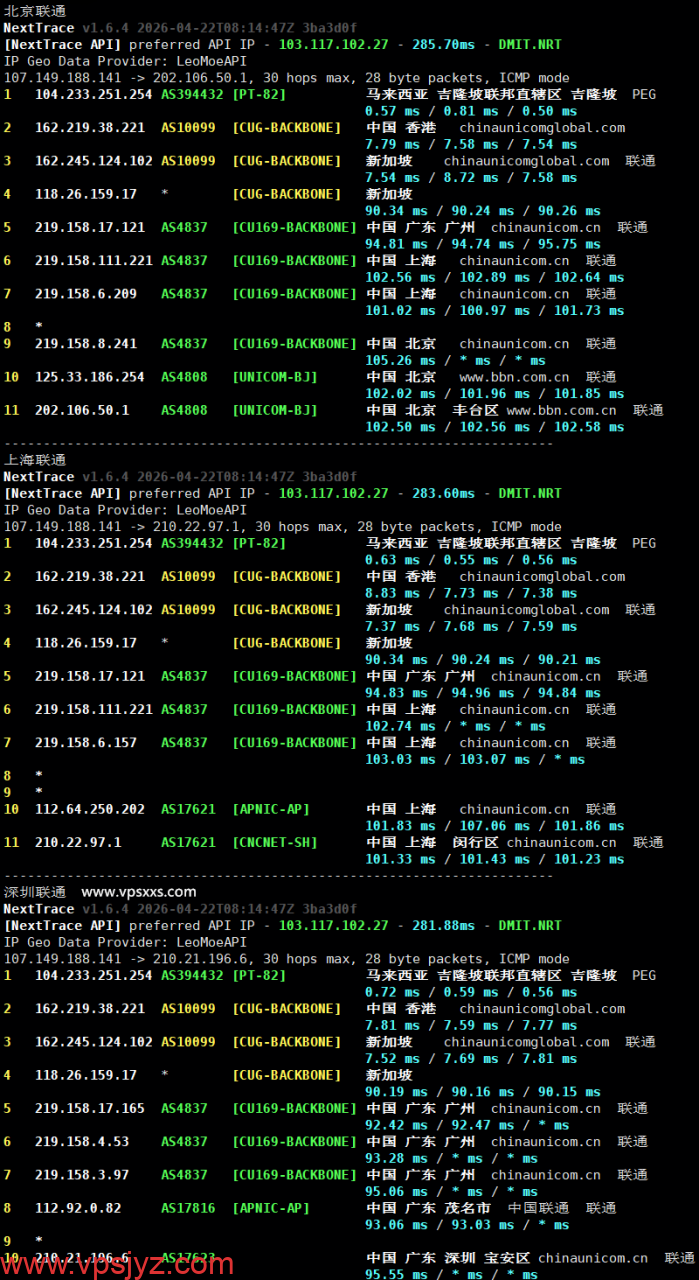 RAKsmart新加坡大陆优化VPS联通回程路由