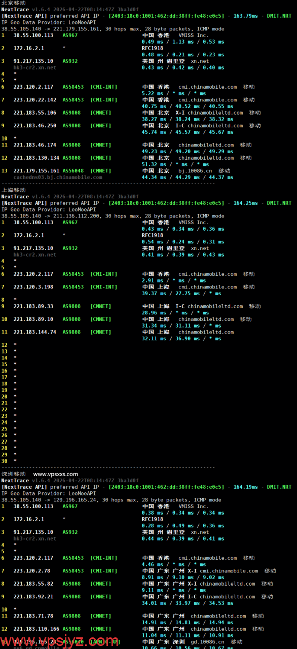 vmiss香港优化BGP DC2机房移动回程路由