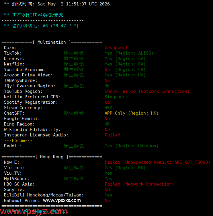 vmiss香港优化BGP VPS流媒体解锁能力测试