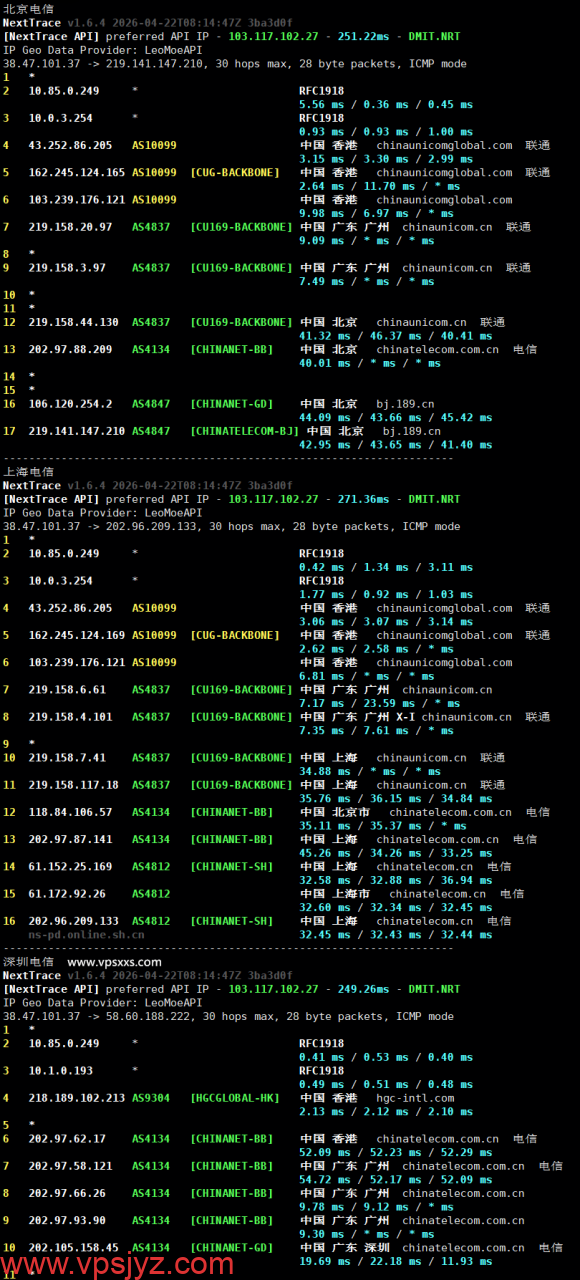 vmiss香港优化BGP VPS电信回程路由