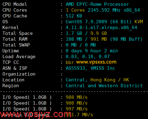 vmiss香港优化BGP VPS硬件测试