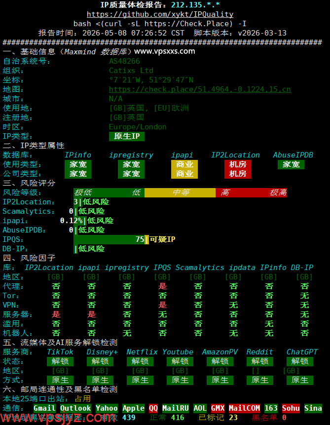 吉云英国VPS IP质量体检报告