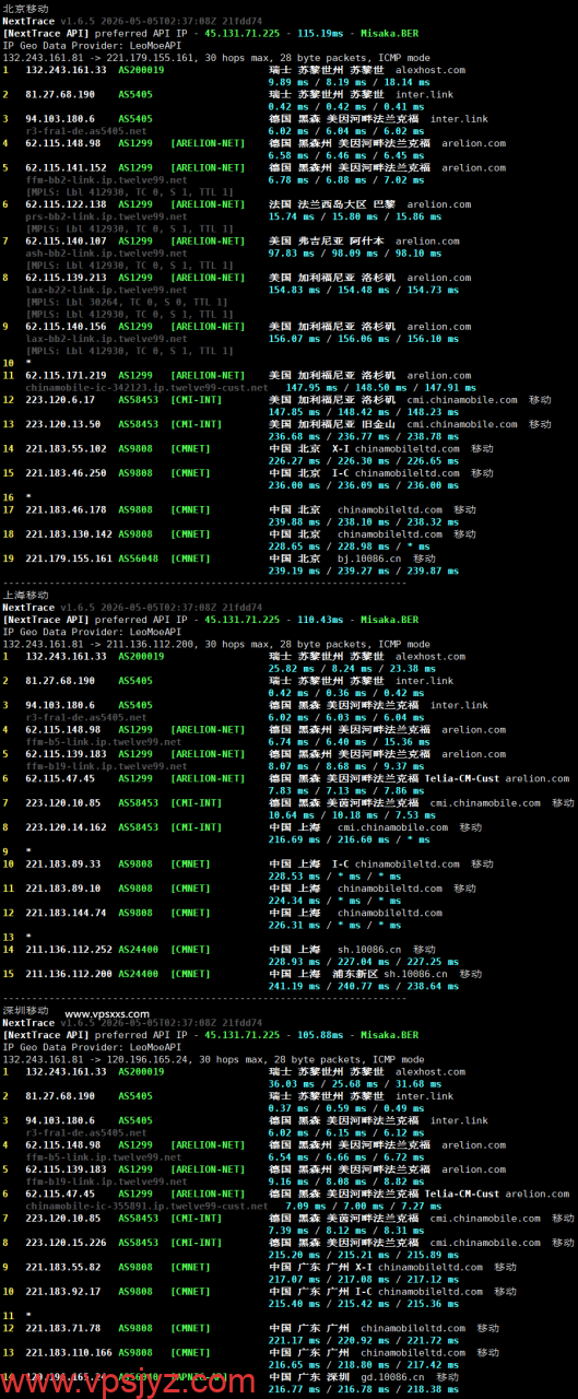 AlexHost瑞士VPS移动回程路由