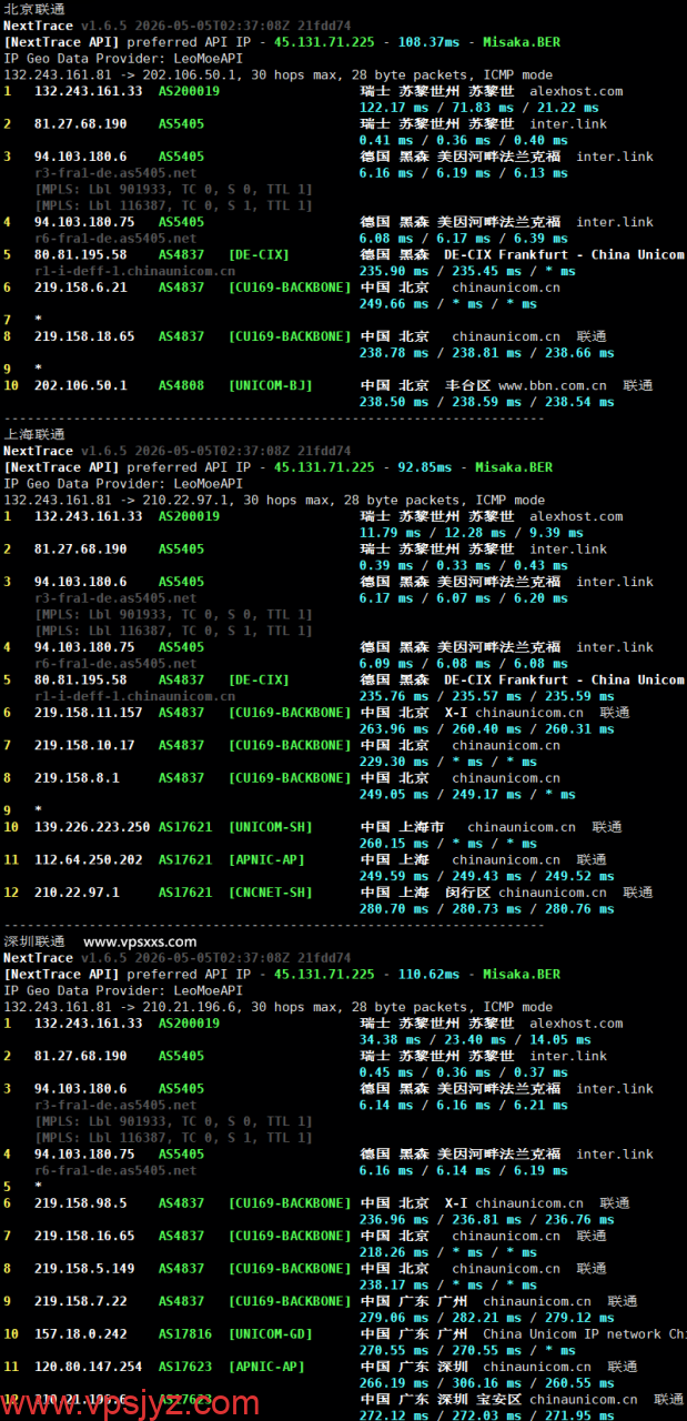 AlexHost瑞士VPS联通回程路由