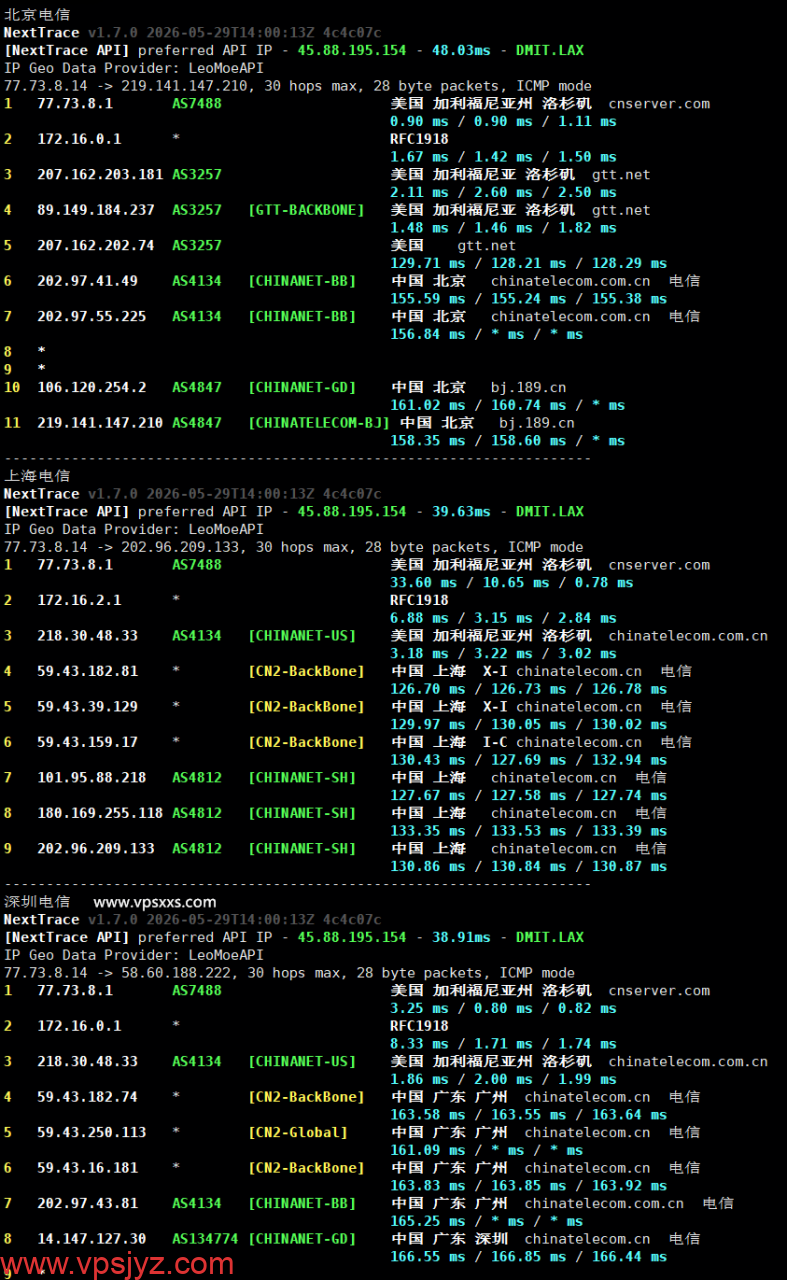 DediOne美国洛杉矶CN2 VPS电信回程路由
