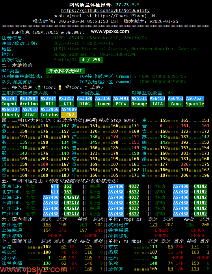 DediOne美国洛杉矶CN2 VPS网络质量体检报告