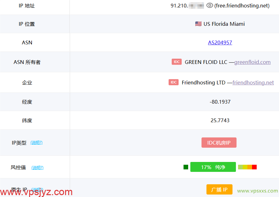Friendhosting美国迈阿密VPS ping0是否家庭IP检测