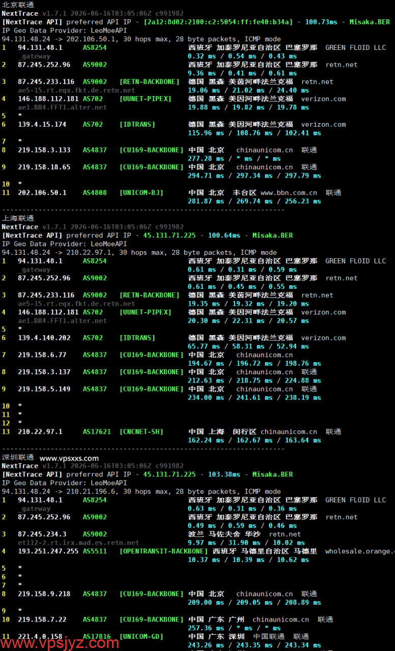 Friendhosting西班牙VPS联通回程路由