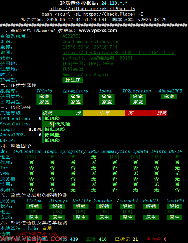 NovixLink美国Cox真家宽IP VPS IP质量体检报告