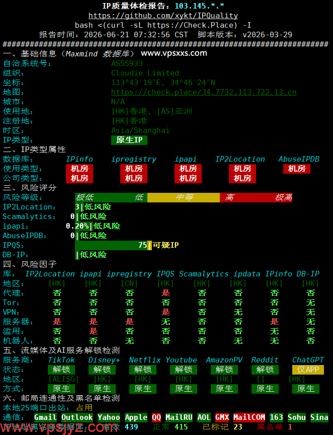 VPS.CAT香港三网直连VPS IP质量体检报告