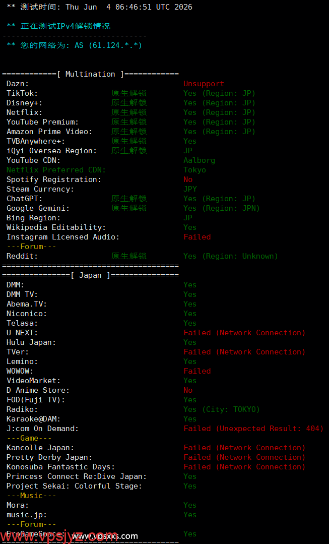 丽萨主机日本IIJ VDS流媒体解锁能力测试