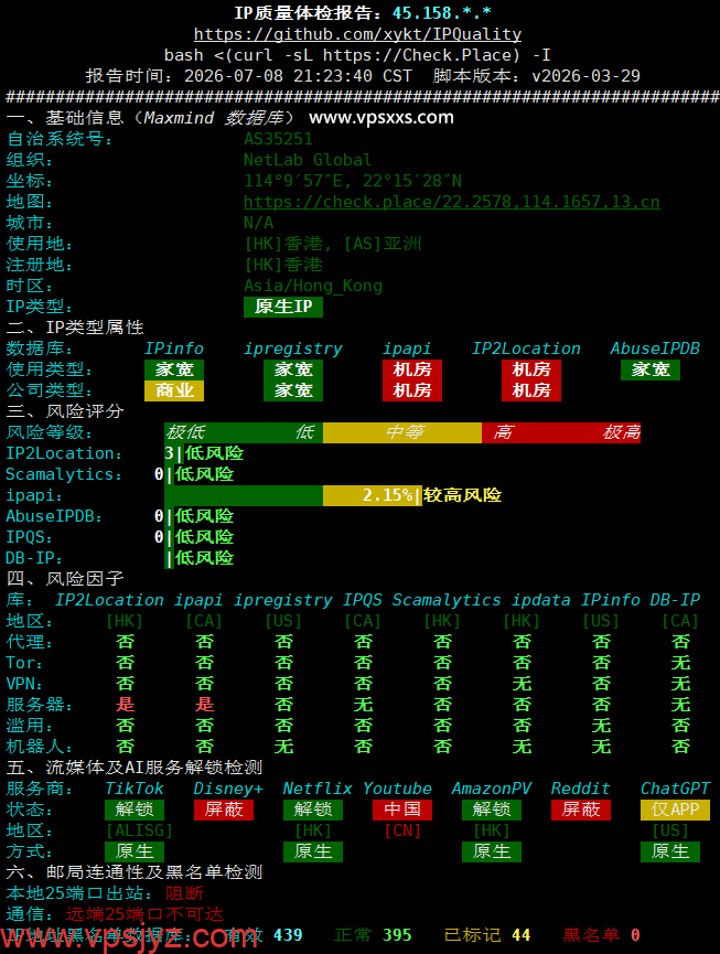 NovixLink美国高防VPS IP质量体检报告