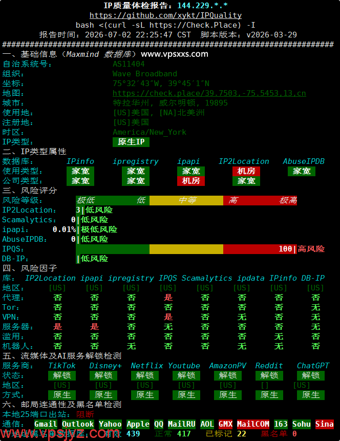 丽萨主机美国Astound家宽VPS IP质量体检报告